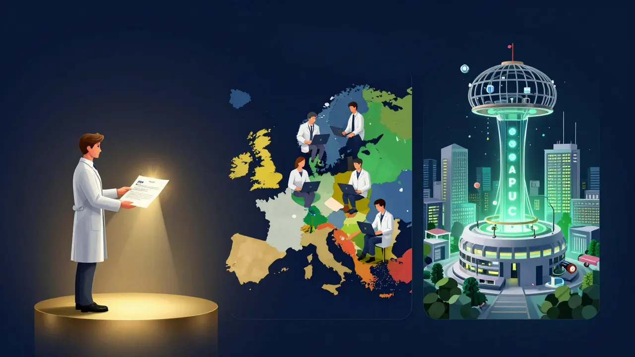 Drei Symbole der Horizon-Europe-Säulen: Einzelperson, Zusammenarbeit, Innovation.