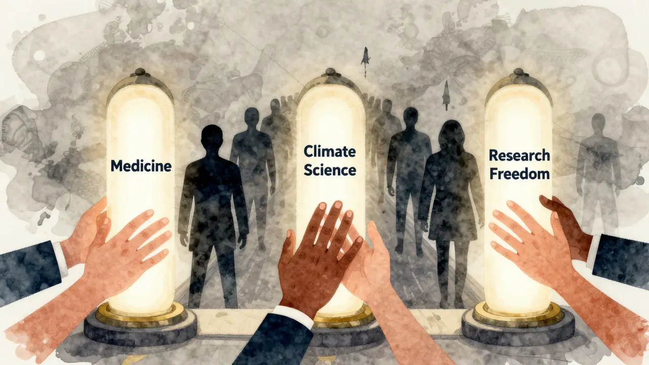 Drei wissenschaftliche Säulen werden von Bürgern berührt, während Unsicherheit im Hintergrund verschwindet.