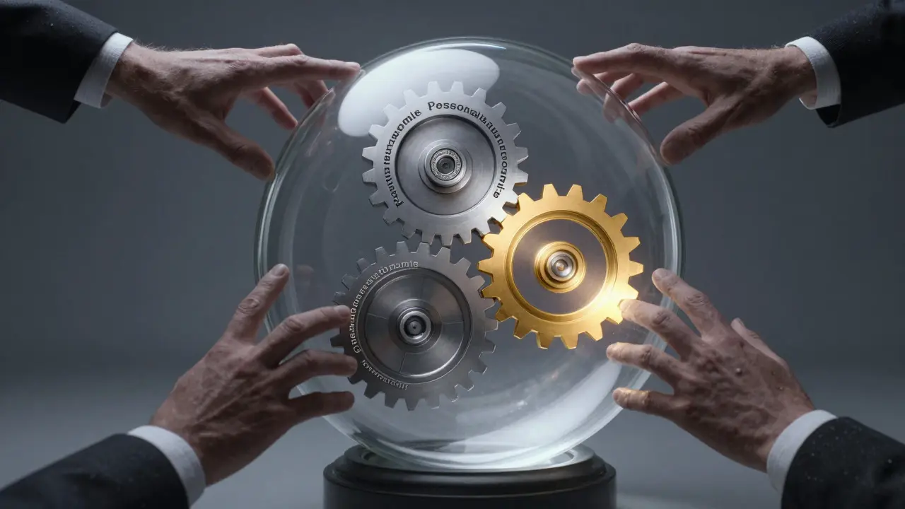 Drei Zahnräder symbolisieren akademische Autonomie, eingeschränkt von äußeren Kräften.