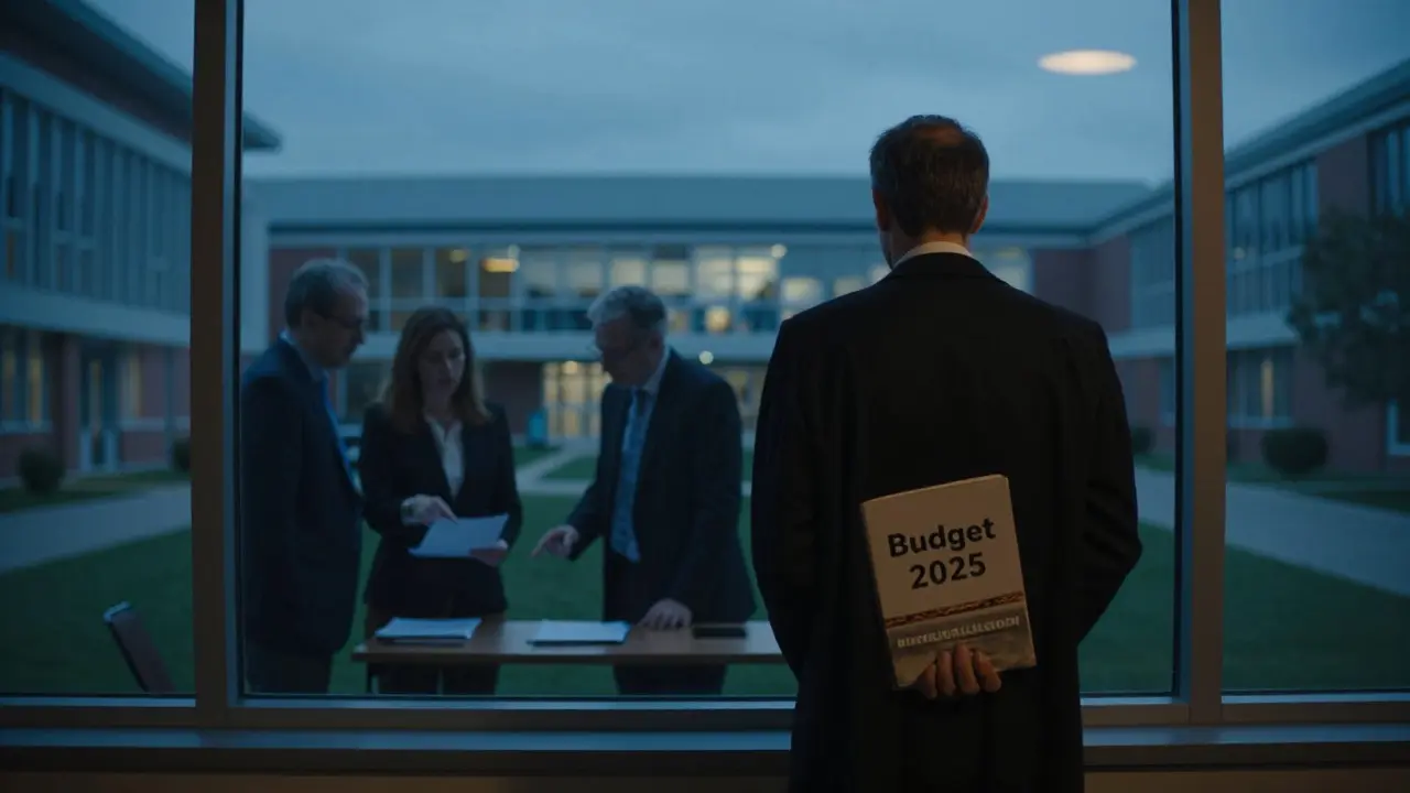 Ein Rektor steht allein am Fenster, belastet von bürokratischen Einflüssen aus der Ferne.