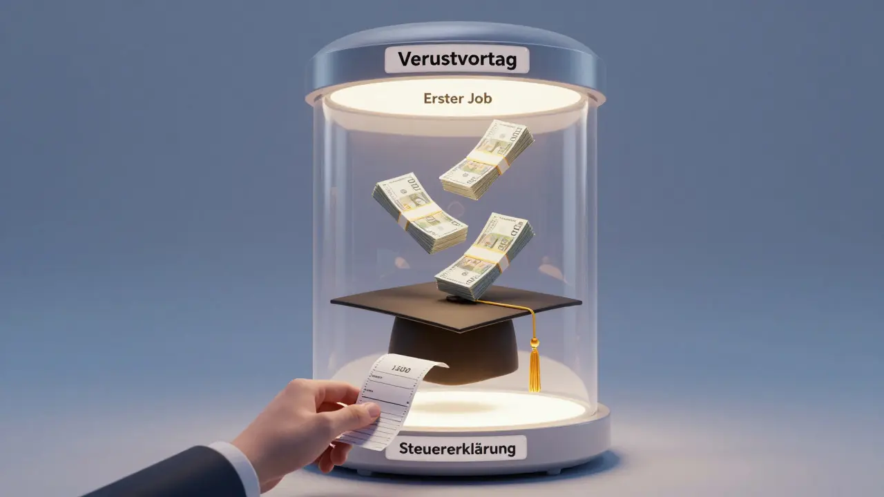 Ein transparenter, schwebender Safe mit gespeicherten Verlustbeträgen, der über einer Graduationskappe schwebt.