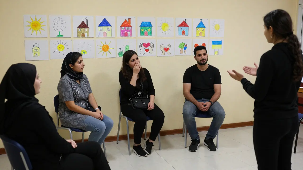 Eltern aus verschiedenen Herkunftsländern nehmen an einem Abendtreffen mit Übersetzung teil.