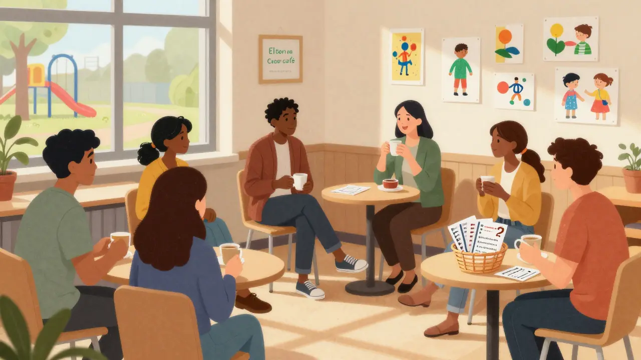 Eltern aus verschiedenen Kulturen treffen sich informell im Schulhaus, um sich auszutauschen.