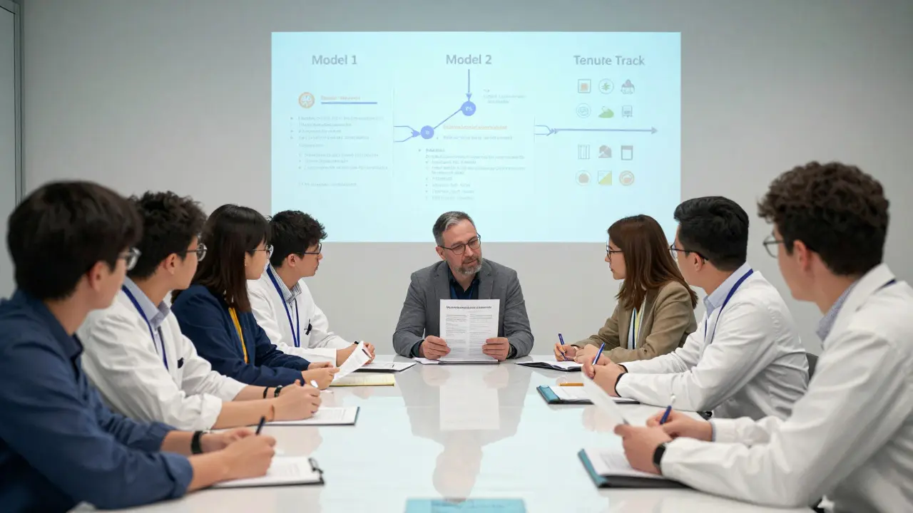 Forschende analysieren ihre Tenure-Track-Evaluierung mit visuellen Kennzahlen zu Forschung, Lehre und Führung.