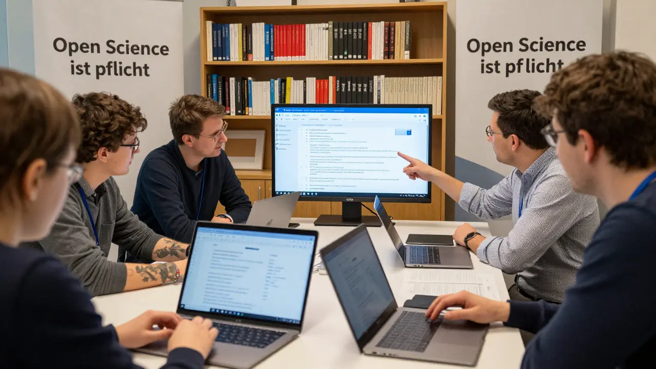 Forschende in Österreich analysieren Datenmanagementpläne auf Laptops mit Hinweisen zu Open Science.