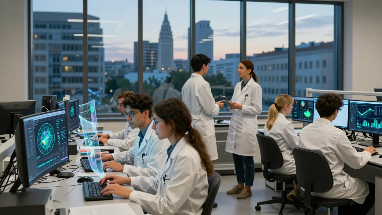 Forscher und Studierende arbeiten gemeinsam in einem österreichischen Labor mit holografischen Anzeigen.