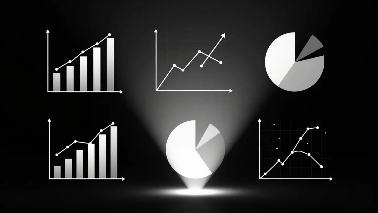 Fünf Diagrammtypen in einem dunklen Raum mit sichtbaren Manipulationen, beleuchtet von einem klärenden Lichtstrahl.