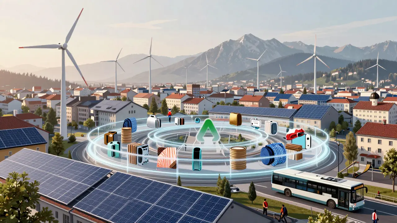 Futuristische österreichische Stadt mit Solaranlagen, Windrädern und Kreislaufwirtschafts-Systemen in harmonischer Landschaft.