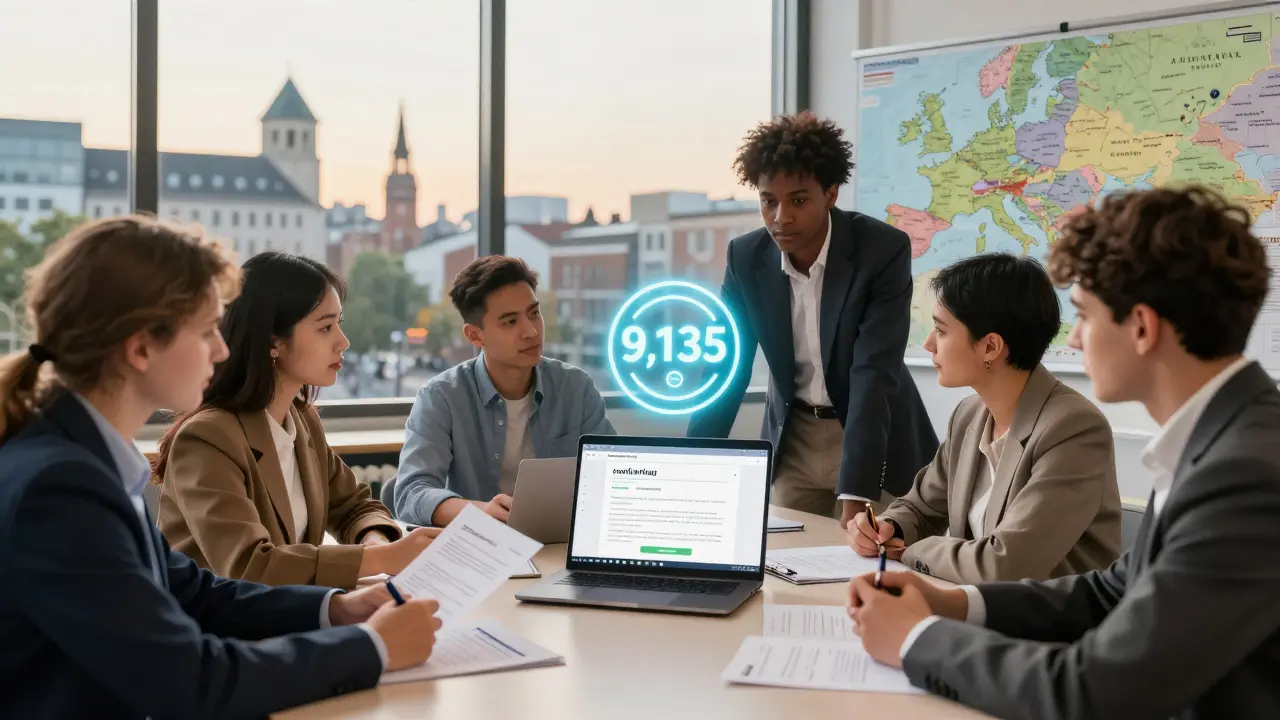 Gruppe junger Berufstätiger betrachtet Förderunterlagen und Europakarte mit Förderzielen.