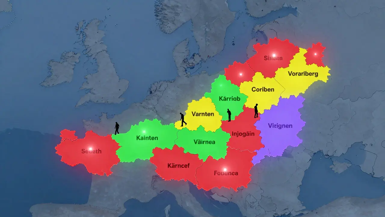 Karte von Österreich mit leuchtenden Regionen, die Mangelberufe in Salzburg, Kärnten, Vorarlberg und Wien visualisieren.