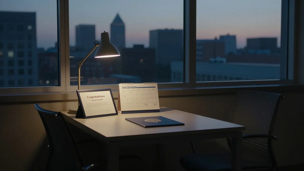 Leeres Büro mit Abschlussbrief und Kalender — Symbol für erfolgreich abgeschlossenen Tenure Track.