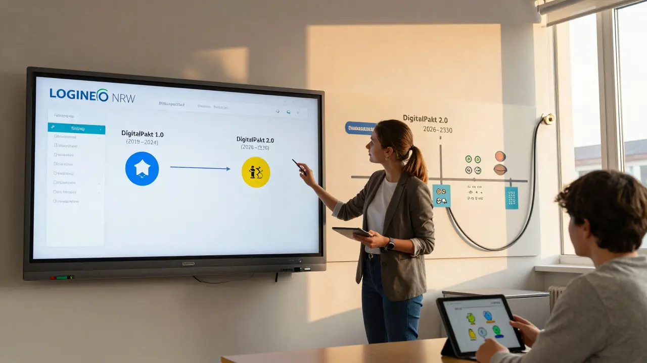 Lehrkraft zeigt digitale Lernplattformen an einer Whiteboard-Tafel, Schüler nutzen Tablets.