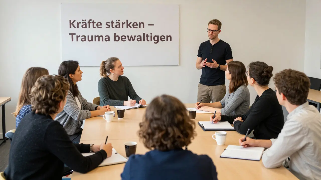 Lehrkräfte lernen in einer Schulung körperliche Entspannungstechniken zur Traumabewältigung.