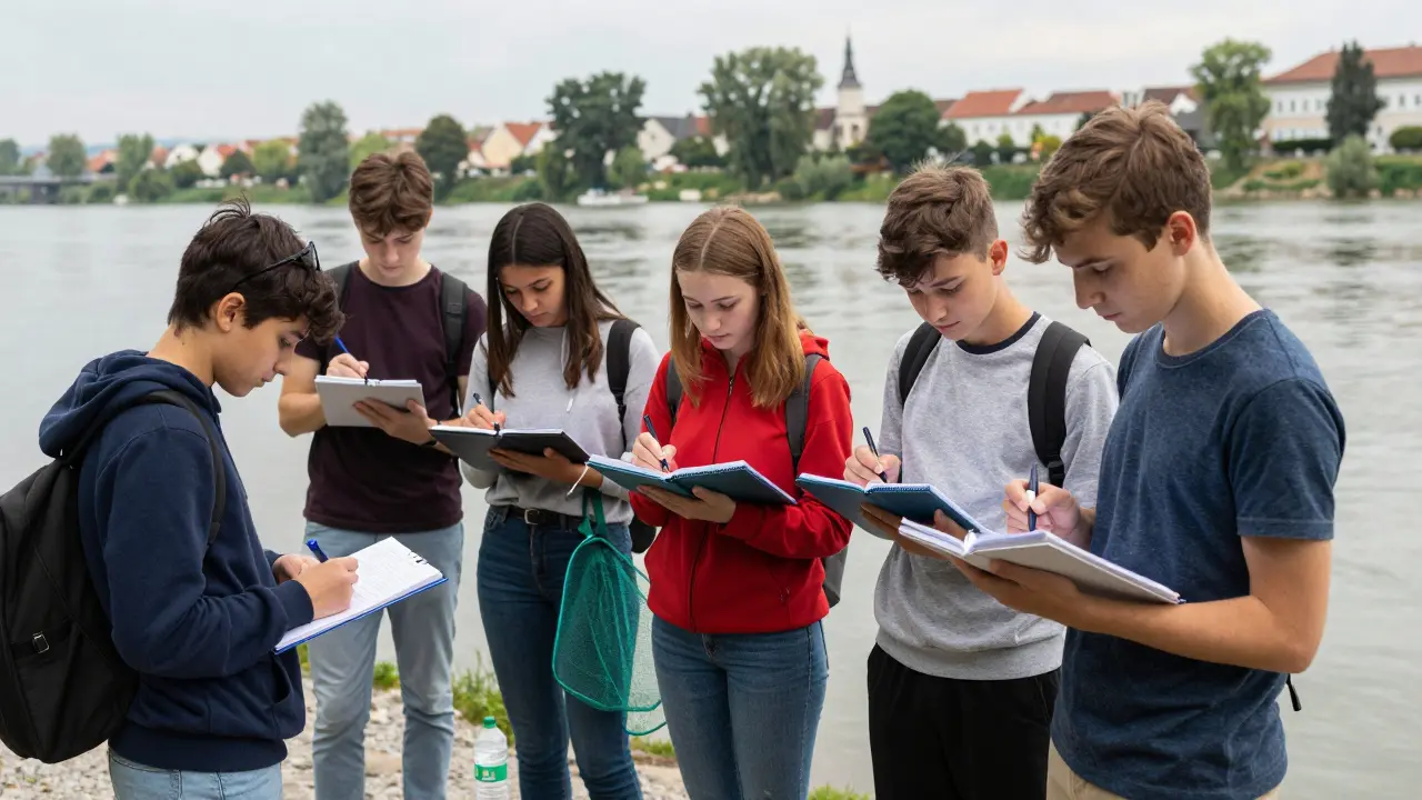 Schüler messen die Wasserqualität am Donauufer mit Messgeräten.