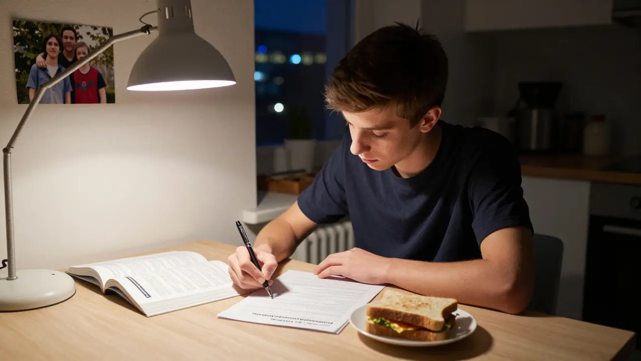 Teenager füllt abends einen Schulbeihilfe-Antrag aus, allein am Küchentisch unter einer Lampe.