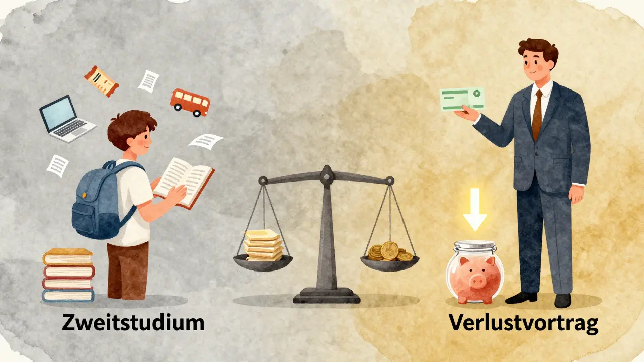 Zeitlinie, die den Übergang vom Studium mit hohen Kosten zum Berufseinstieg mit Steuervorteilen zeigt.