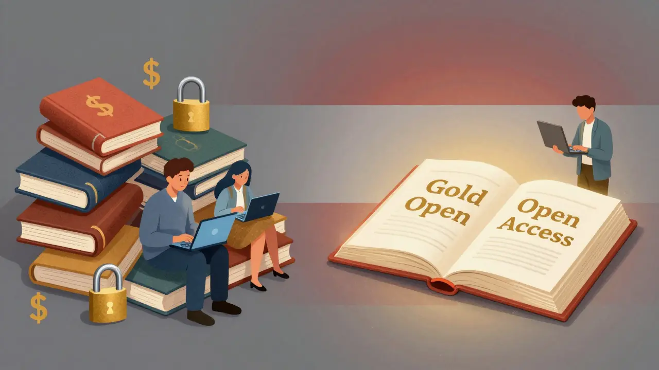 Zwei Wege: teure Abonnements mit Schlössern vs. ein offenes, golden leuchtendes Buch mit freiem Zugang.