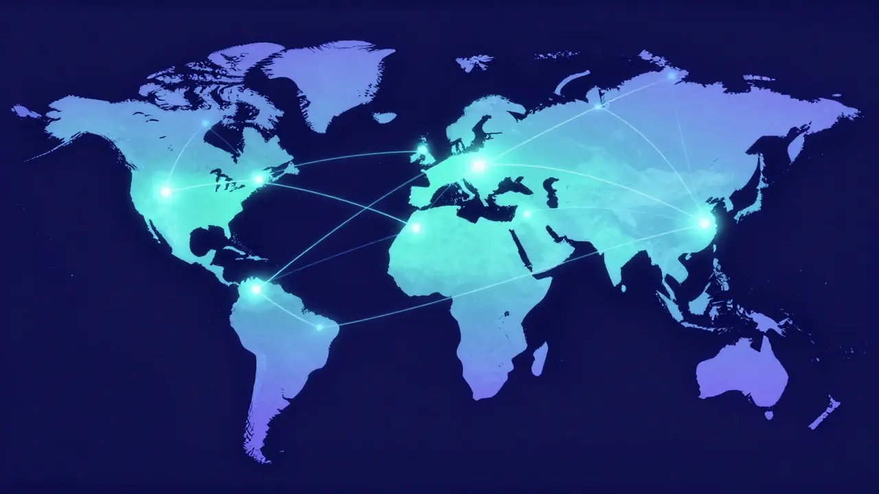 Abstrakte Darstellung eines vernetzten Wissensglobus mit leuchtenden Knotenpunkten.