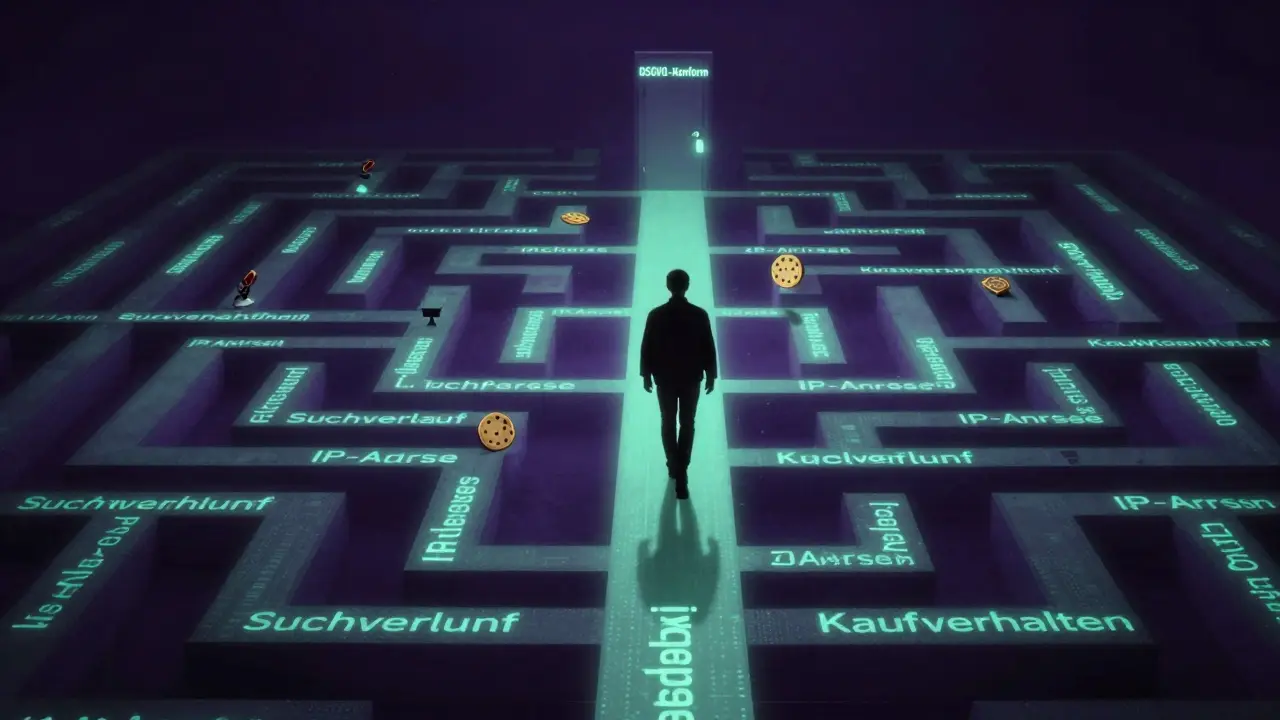 Digitales Labyrinth aus Datenpfaden, eine Person wandert durch, umgeben von überwachenden Cookies.