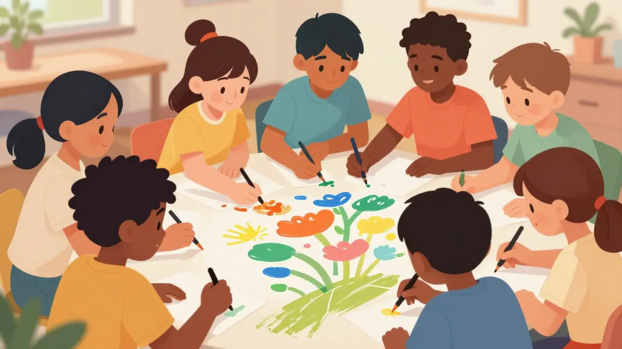 Diverse Kinder malen gemeinsam an einem Kunstwerk