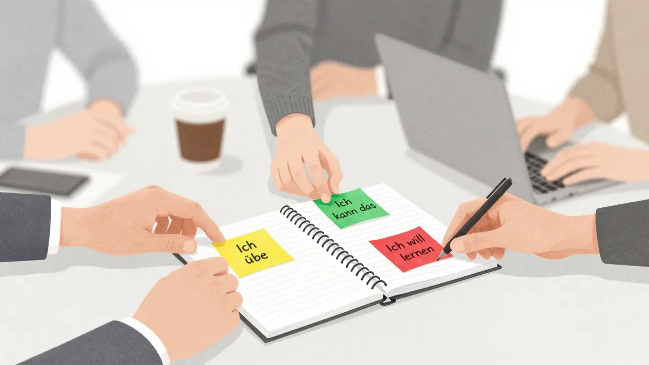 Drei farbige Sticker auf einem Notizbuch zeigen Lernfortschritt: Grün, Gelb, Rot.