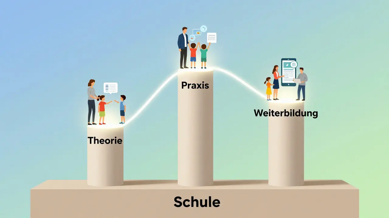 Drei Säulen aus Theorie, Praxis und Weiterbildung verbinden Schule, Lehrkräfte und digitale Werkzeuge.