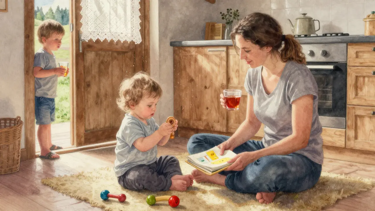 Ein Frühförderer unterstützt ein Kind mit Spielzeug in der Küche, während die Familie zuseht.