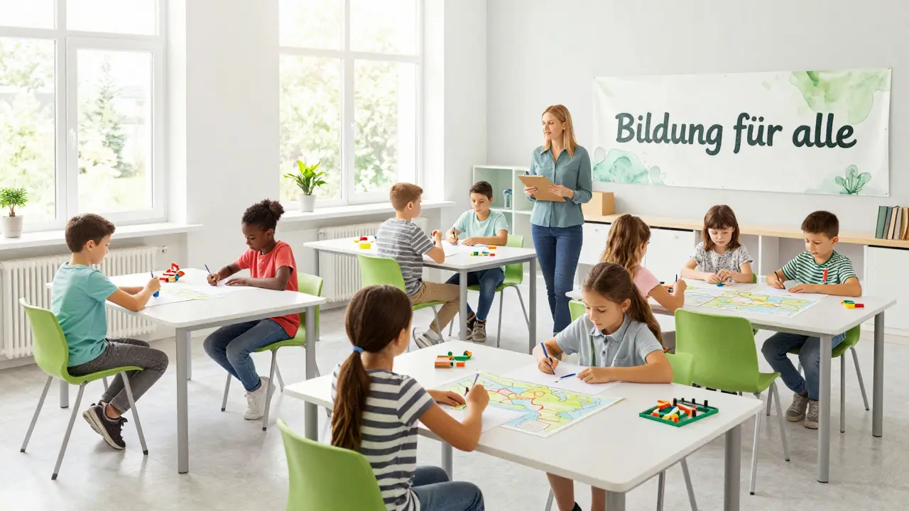 Ein integrativer Klassenraum mit Kindern verschiedener Hintergründe, die gemeinsam lernen und unterstützt werden.