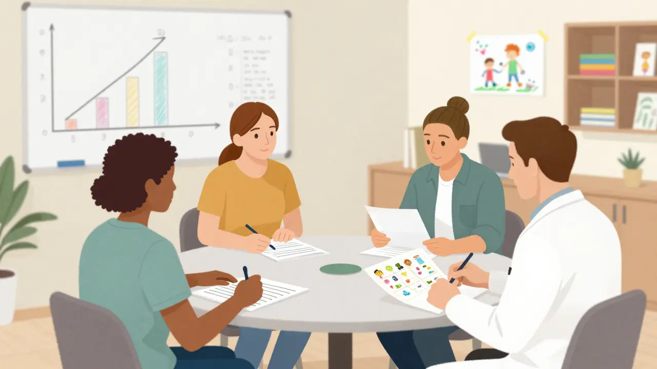 Ein interdisziplinäres Team in Österreich bespricht gemeinsam einen Förderplan für ein Kind mit Entwicklungsverzögerung.