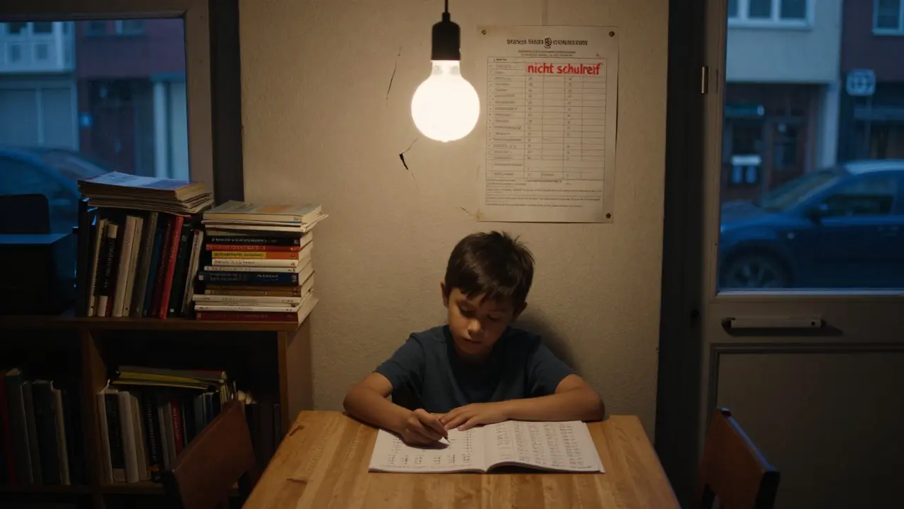 Ein Kind aus einer Migrantenfamilie lernt in einer kleinen Wohnung, während ein Schulscreening-Formular an der Wand hängt.