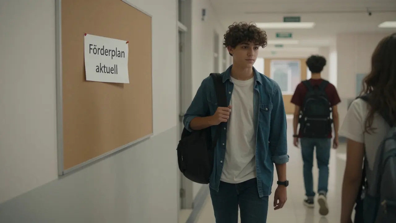 Ein Kind geht selbstbewusst durch den Schulflur, ohne sichtbare Kennzeichnung seiner Förderung.