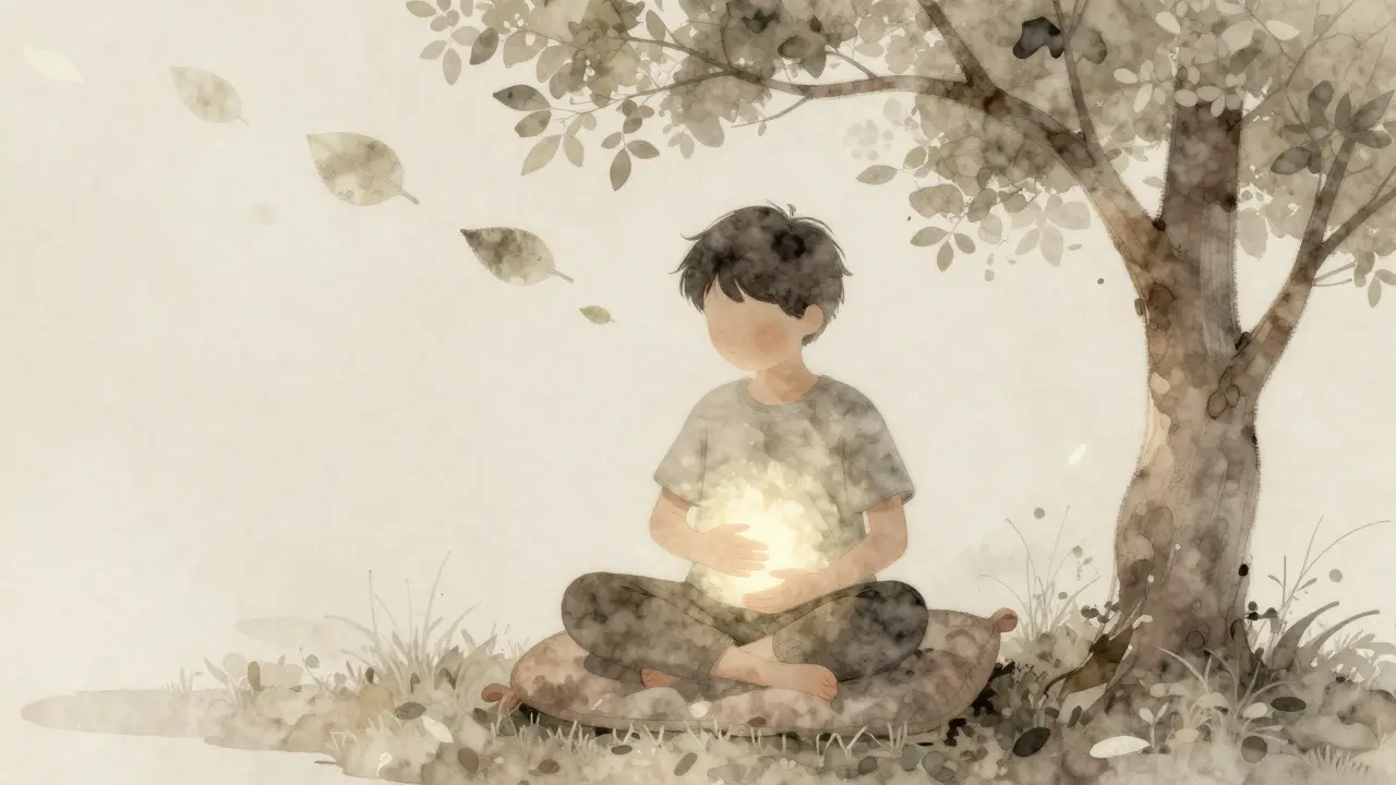Ein Kind sitzt meditierend, umgeben von schwebenden Gedanken als Blätter, in einem beruhigenden, künstlerischen Stil.
