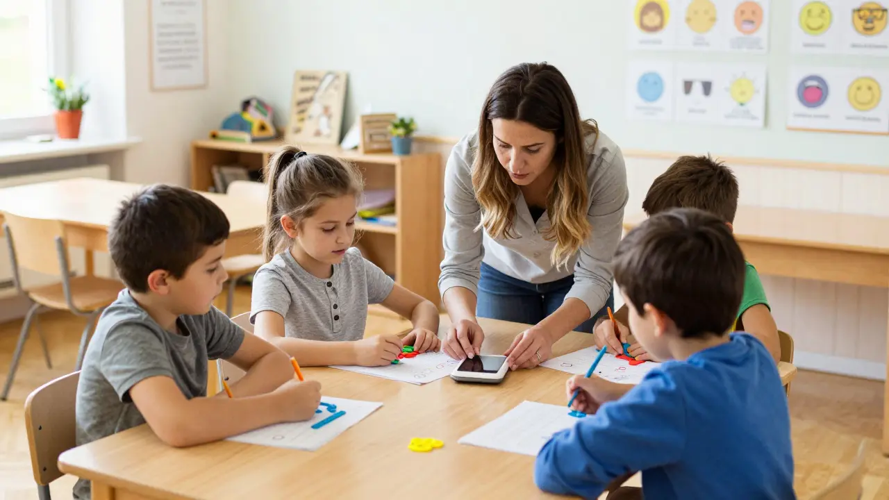 Ein Lehrer und eine Sonderpädagogin unterstützen Kinder in einer kleinen Gruppe im Klassenzimmer mit adaptiven Lernmitteln.