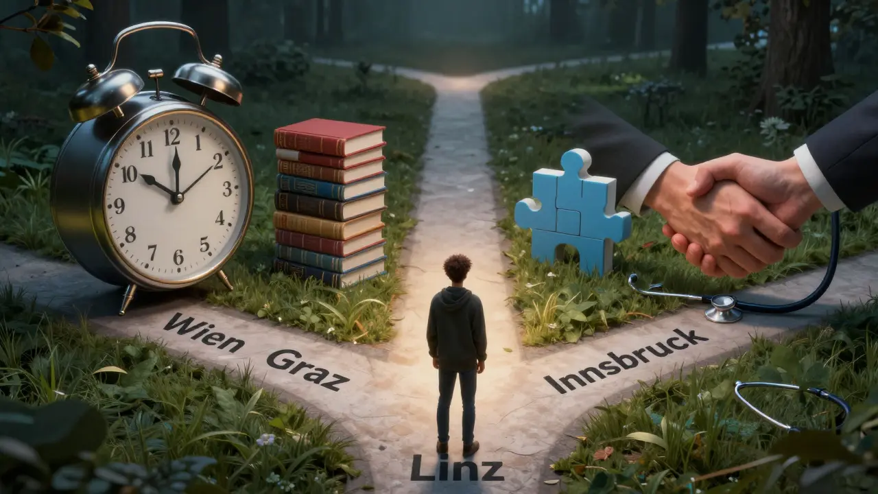 Ein Student vor vier Pfaden zu medizinischen Universitäten, symbolisiert durch Hindernisse und eine Verpflichtung zum öffentlichen Dienst.