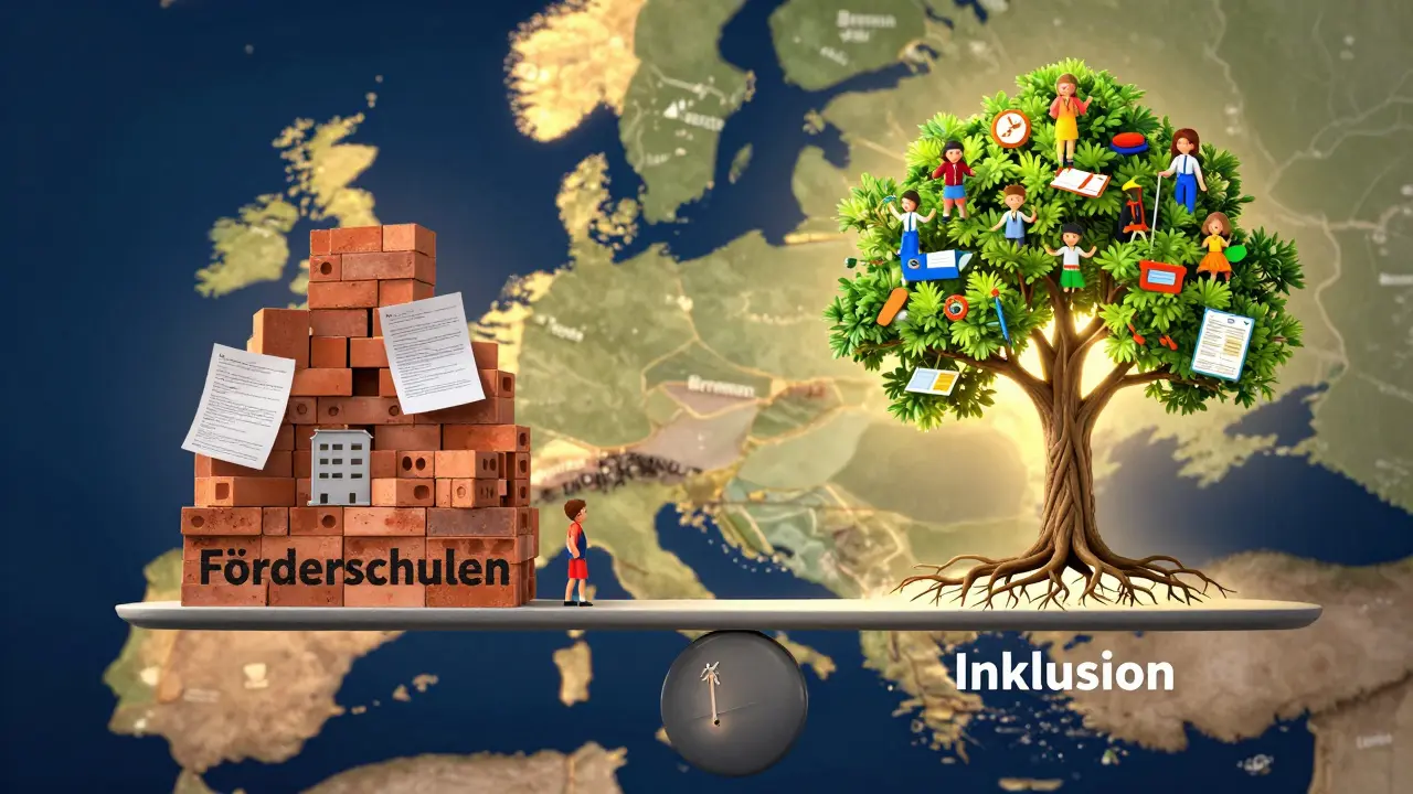 Eine Waage, die die Kosten der Exklusion mit den Vorteilen der Inklusion vergleicht – ein Baum als Symbol für gemeinsames Lernen.