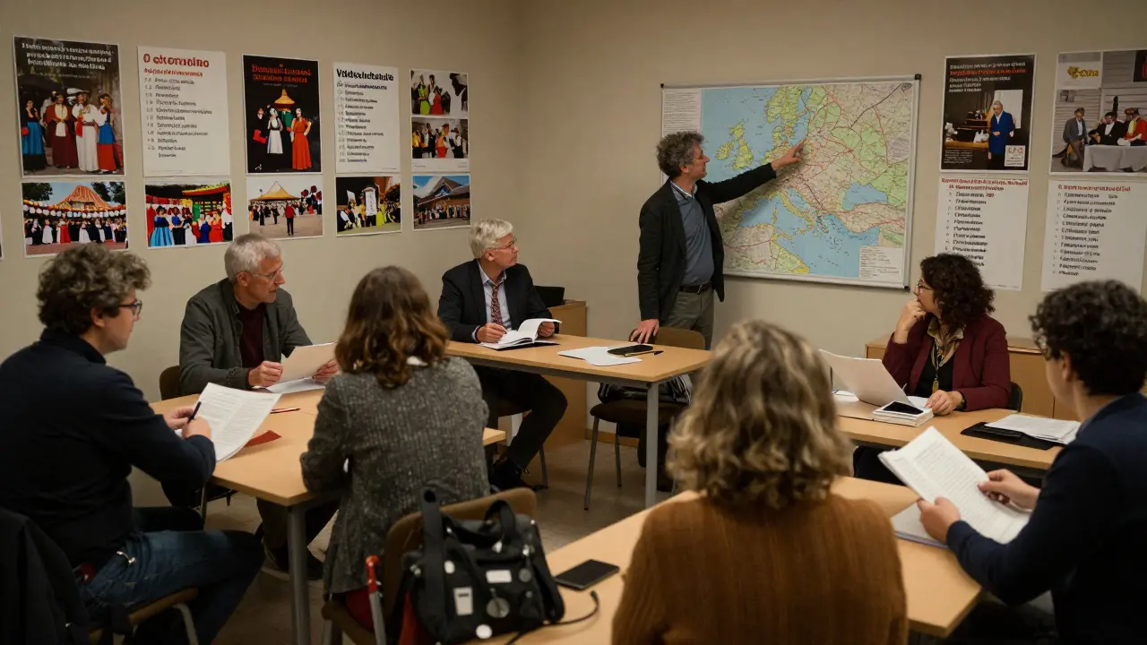 Erwachsene in einer österreichischen Volkshochschule lernen Italienisch, Spanisch und Französisch in getrennten Kursen.