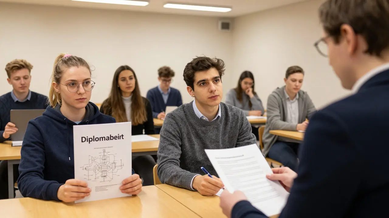 Erwachsene und Jugendliche in einer Prüfungshalle, die an der mündlichen Prüfung, der Diplomarbeit und der deutschen Schriftprüfung teilnehmen, ohne sichtbare Texte auf Unterlagen.