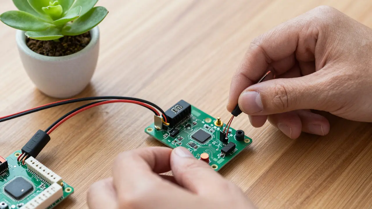 Hände bauen einen kleinen Computer mit Kabeln auf einem Holztisch zusammen.