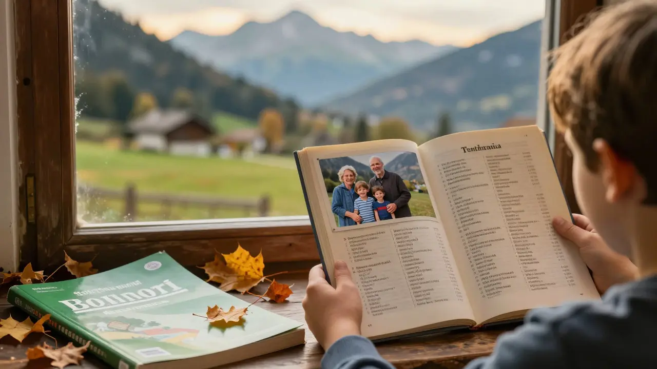 Kind in der Steiermark hält ein Familienfoto mit italienischen Großeltern, neben einem vernachlässigten Französisch-Buch.