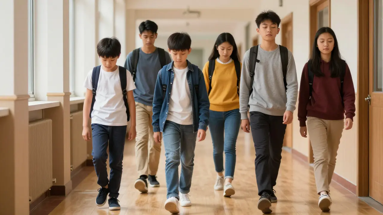 Kinder gehen langsam und bewusst durch einen Flur, jeder Schritt mit Achtsamkeit und Ruhe.