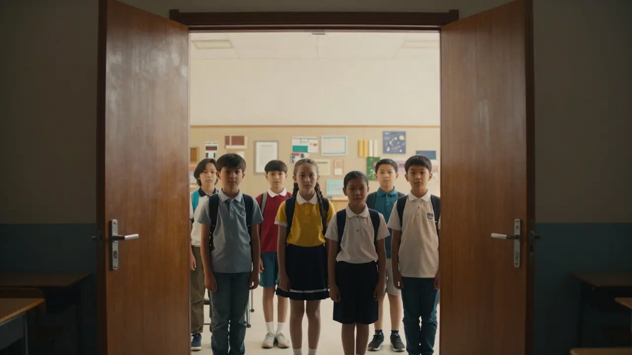 Kinder stehen vor offener Tür in einen Kulturraum