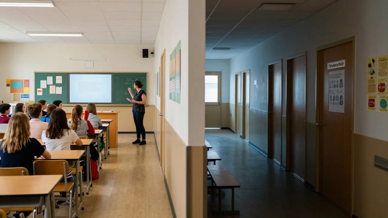 Kontrastierende Szene: eine helle, inklusive Klasse neben einer dunklen, abgeschotteten Förderschul-Korridor-Szene.