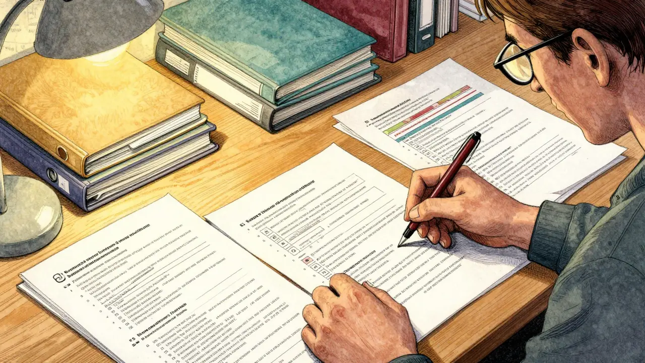 Lehrerin bewertet Bildungsunterlagen am Schreibtisch