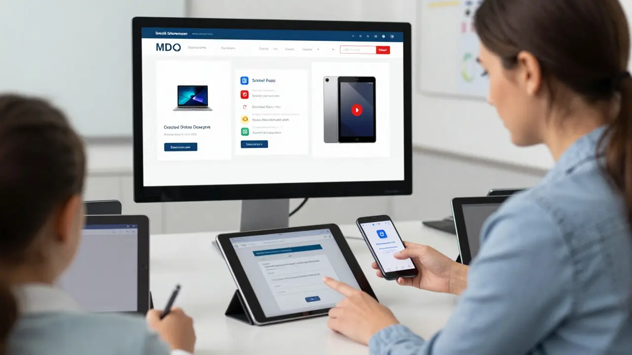 Lehrkraft meldet sich mit Passwort und Authentifizierungs-App an, während ein MDM-Dashboard Geräte überwacht.