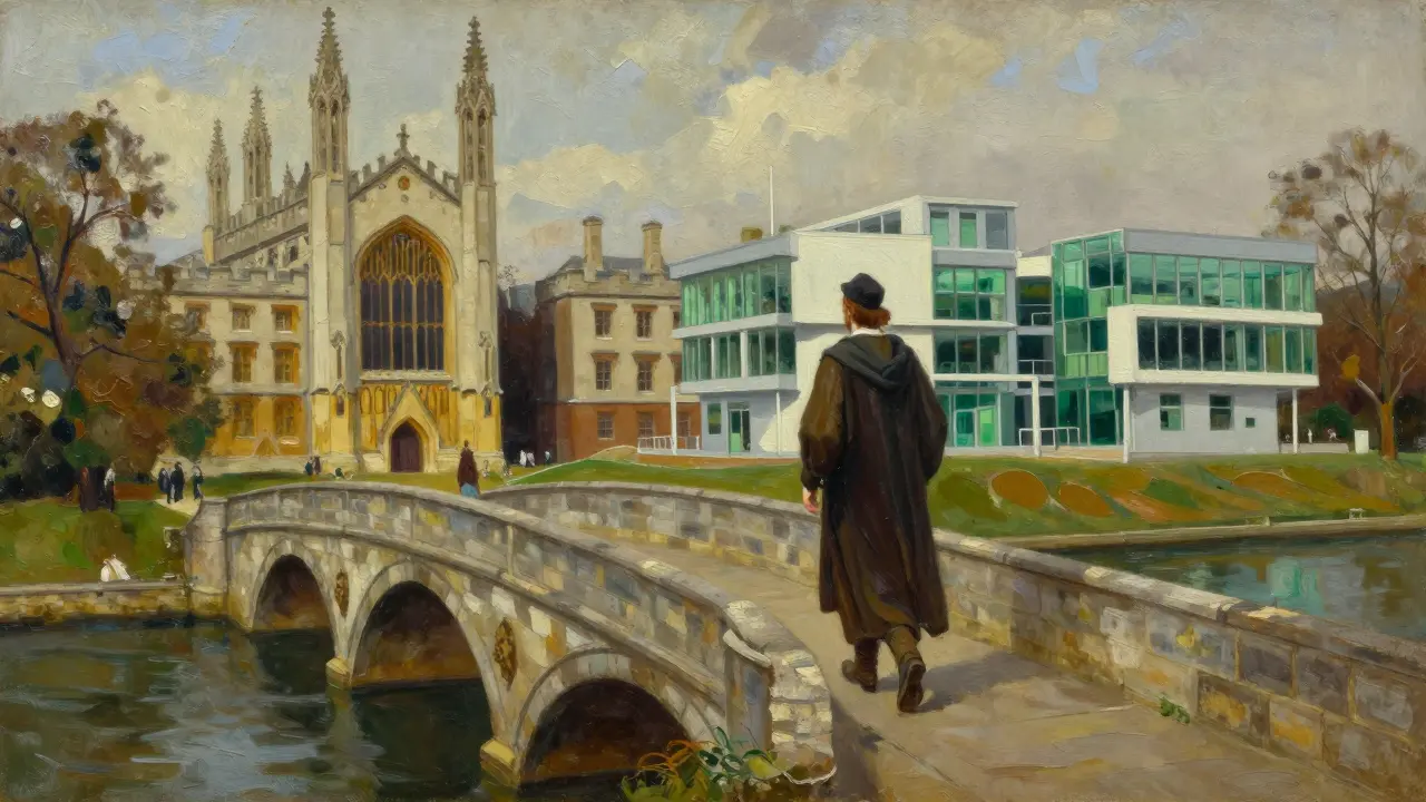 Malerei eines Forschers auf Brücke zwischen Tradition und Innovation