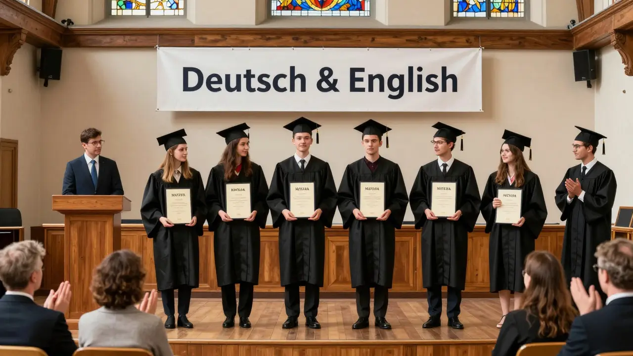 Schüler feiern ihre Matura in zwei Sprachen, während sie identische Abschlusszeugnisse entgegennehmen.