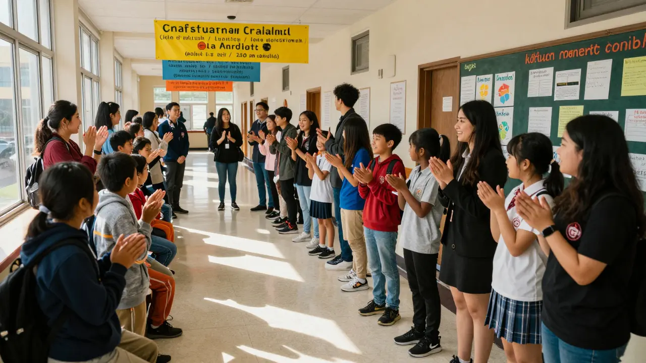Schüler und Lehrer feiern gemeinsam Erfolge in der Schulhalle.