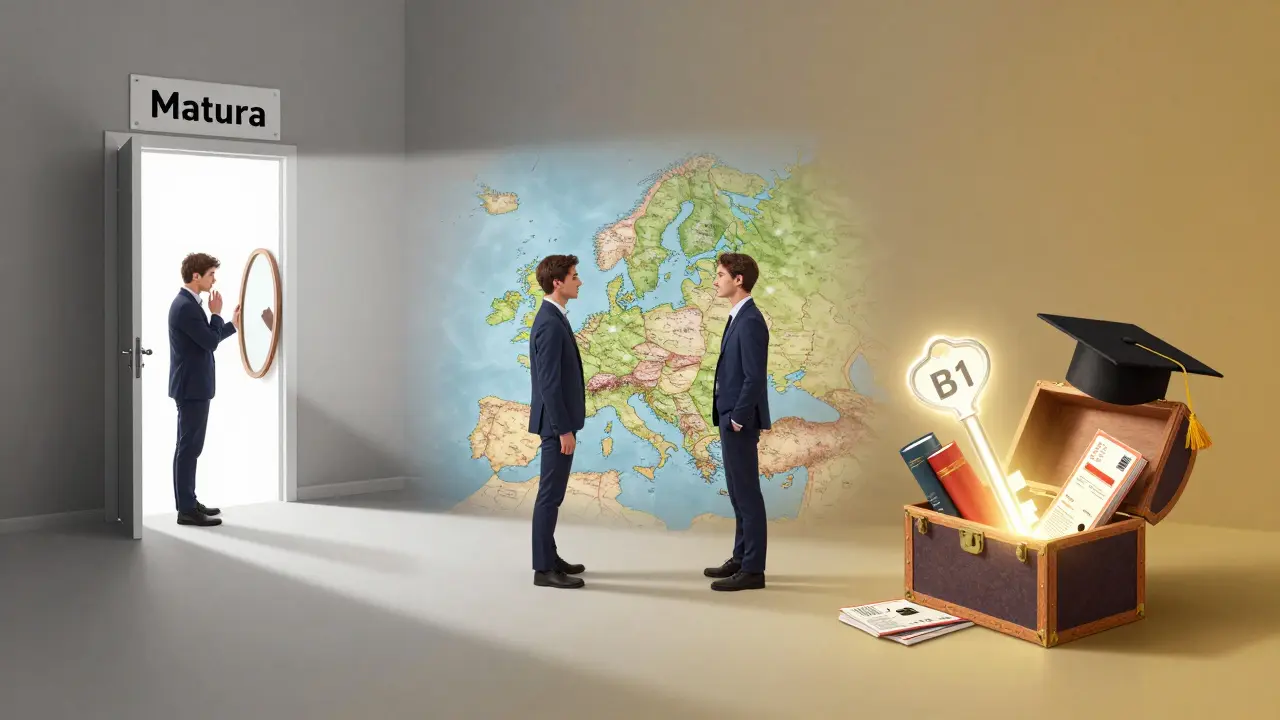 Symbolischer Pfad von Angst zur Sprachkompetenz, dargestellt als Weg durch eine Tür mit B1-Schlüssel.