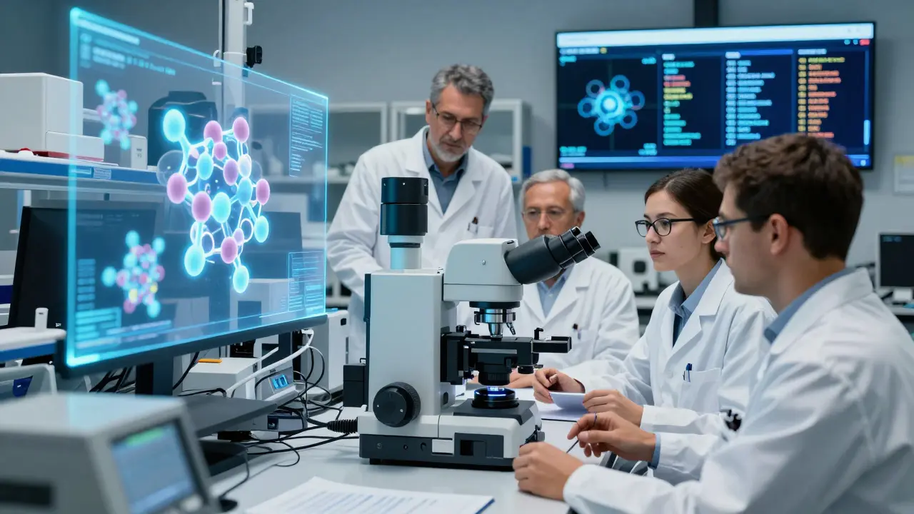 Wissenschaftler mit holografischer Molekülvisualisierung vor einem Kryo-Elektronenmikroskop in einem Berliner Labor.