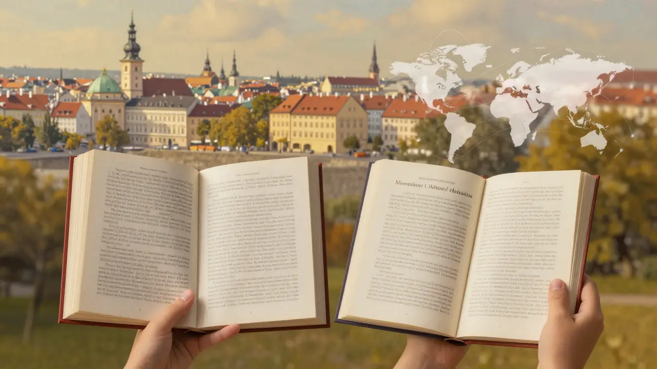 Zwei Bücher in Deutsch und Englisch schweben um ein Kind, symbolisieren multilinguale Bildung und globale Zukunft.